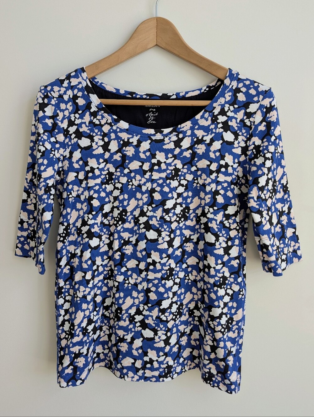 Marc Cain Ribbed Cotton Stretch Blue Black Abstract Print Top Shirt N3 6